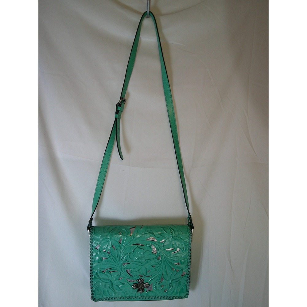 Patricia Nash Turquoise Tooled Leather Floral Crossbody Bag Whipstitch Trim